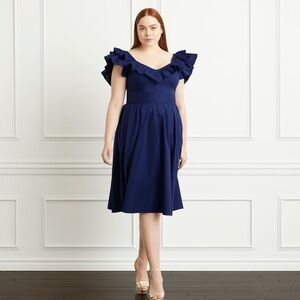 Hill House Ava Nap Dress Navy Blue Ruffle Smocked Pockets A-Line Size Small